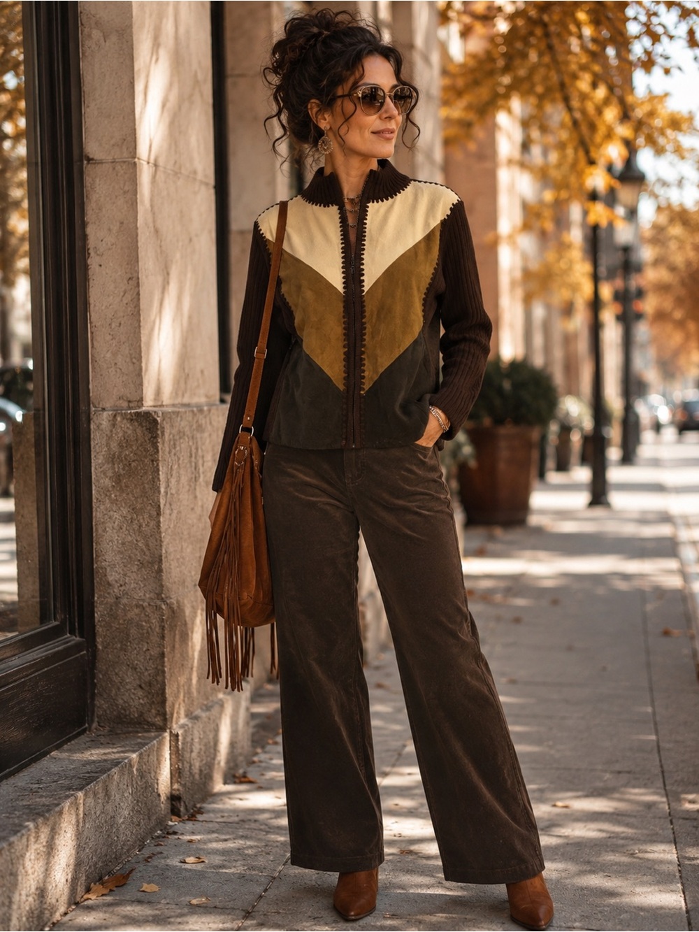 Designers Originals Vintage Brown, Tan & Cream Suede Knit Zip Cardigan Sweater M